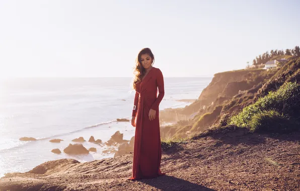 Море, лето, девушка, пейзаж, лицо, волосы, платье