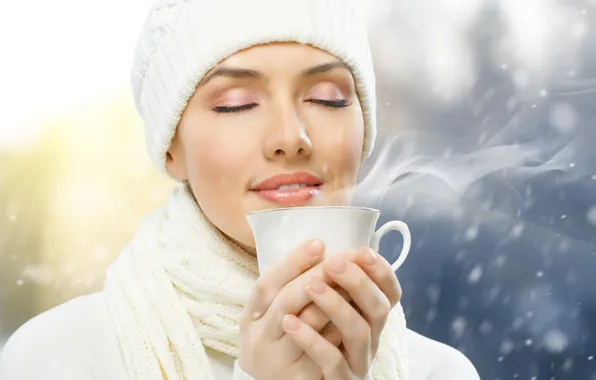 Картинка зима, лицо, женщина, кофе, Девушки