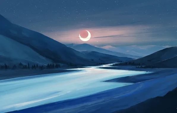 Картинка moon, river, sky, trees, landscape, nature, eclipse, night