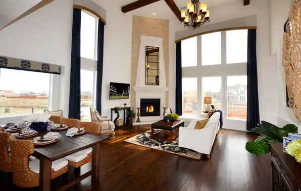 Design, style, interior, villa, fireplace, dining, living space