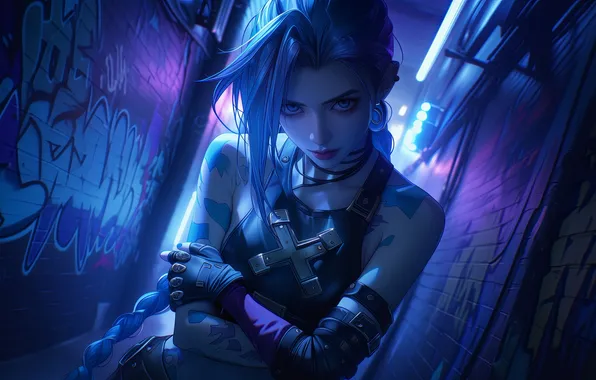 Картинка girl, art, blue eyes, tattoo, look, digital art, shirt, Jinx