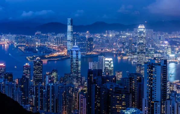 Небо, ночь, Гонконг, небоскребы, освещение, панорама, залив, Китай