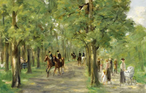 Пейзаж, картина, 1923, Max Liebermann, Макс Либерман, Тропинка в Тиргартене с Всадниками и Гуляющими
