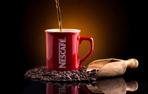 Отражение, фон, кофе, кружка, кофейные зёрна, совок, Nescafé