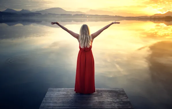 Картинка девушка, озеро, платье, Red Dress at the Lake