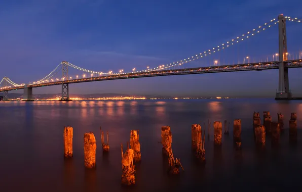 Картинка вода, ночь, мост, огни, панорама, Сан-Франциско, Bay-bridge