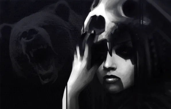 Картинка череп, Девушка, медведь