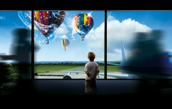 Картинка окна, малыш, самолёт, аэродром, диспетчерская