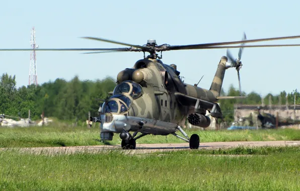 Картинка трава, крокодил, вертолет, ми-24, аэродром, транспортно-боевой