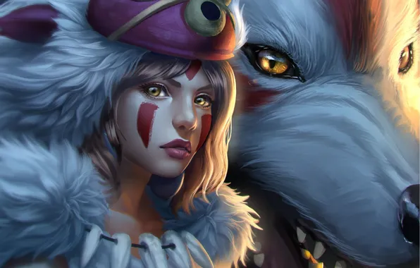 Картинка девушка, аниме, арт, взляд, Princess Mononoke, белый волк