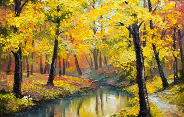 Осень, листья, деревья, река, окрас, время года
