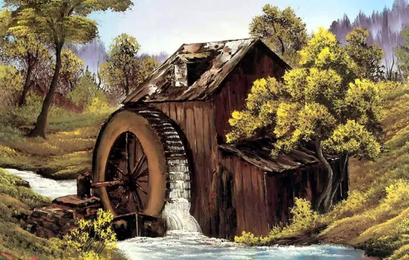 Вода, река, ручей, дерево, здание, картина, колесо, мельница