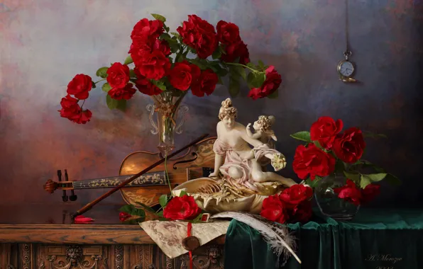 Картинка письмо, цветы, стиль, перо, скрипка, розы, статуэтка, натюрморт