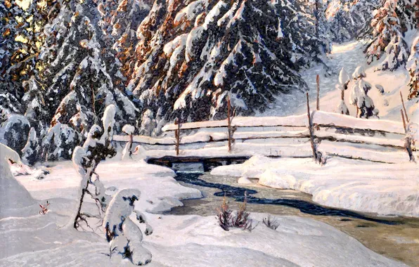 Картинка зима, снег, деревья, пейзаж, мост, река, елки, картина