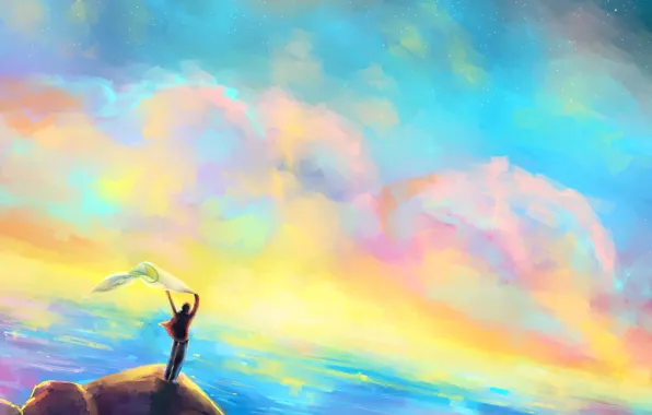 Картинка море, небо, скала, человек, живопись, Gabrielle Ragusi. пейзаж