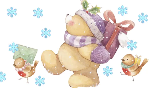 Картинка зима, письмо, снежинки, настроение, праздник, подарок, арт, мишка
