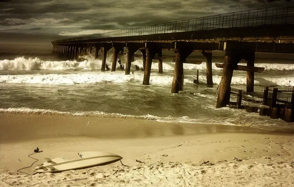 Картинка песок, море, гроза, волны, пляж, пустота, тучи, шторм