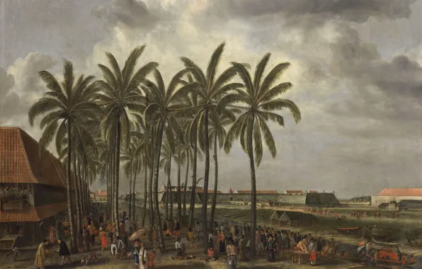 Пейзаж, масло, картина, холст, 1657, Andries Beeckman, Форт Батавии. На переднем плане рыбный рынок, Андрис …