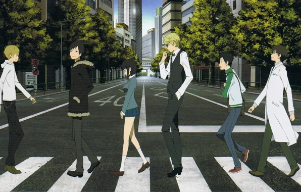 Деревья, разметка, дома, парни, durarara!!, пешеходный переход, белый халат, shizuo heiwajima