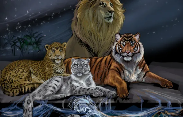 Картинка волны, животные, небо, взгляд, вода, тигр, луна, хищники
