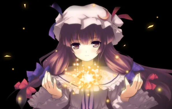 Девушка, магия, месяц, арт, бантики, чепчик, touhou, patchouli knowledge