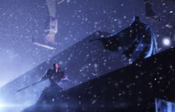 Картинка зима, ночь, город, batman, arkham, deathstroke, Batman: Arkham Origins
