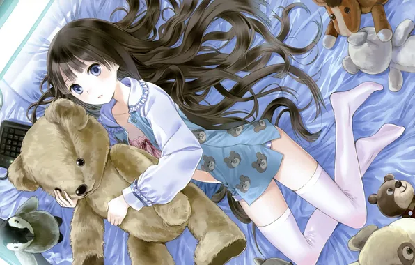 Картинка игрушки, медведь, девочка, постель, kamisama no memo chou, kishida mel
