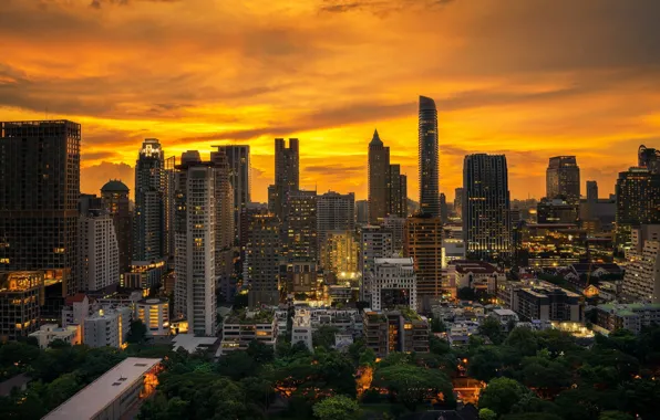 Город, рассвет, здания, Тайланд, Бангкок