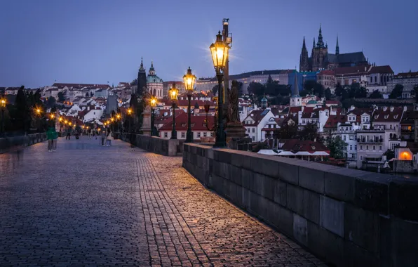 Мост, здания, дома, вечер, Прага, Чехия, фонари, Prague