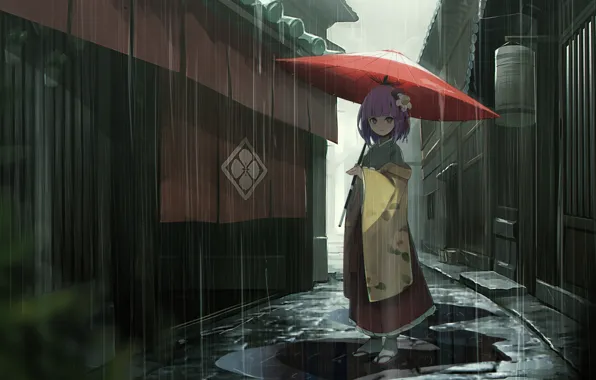 Картинка дождь, дома, зонт, девочка, лужи, кимоно, улочка, Touhou
