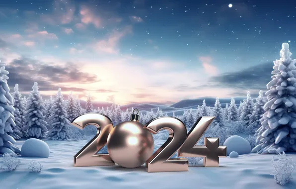 Картинка зима, снег, елки, Новый Год, Рождество, цифры, golden, new year