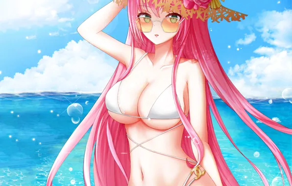 Girl, sexy, cleavage, beach, pink hair, green eyes, long hair, sea