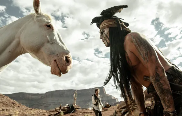 Картинка Johnny Depp, лошадь, Джонни Депп, Дикий Запад, вестерн, The Lone Ranger, Одинокий рейнджер