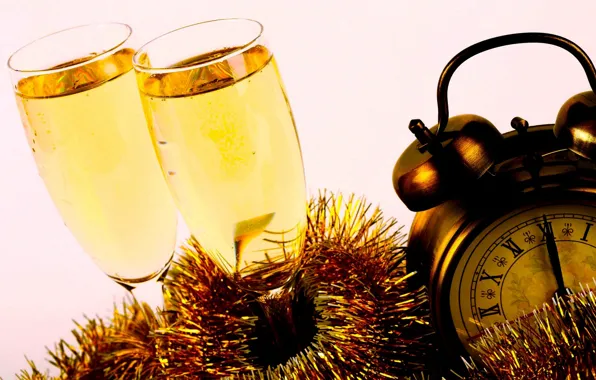 Картинка золото, праздник, часы, бокалы, Новый год, шампанское, 2014