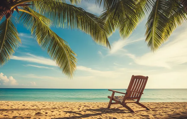 Пляж, пальмы, океан, обои, арт, шезлонг, wallpaper, beach