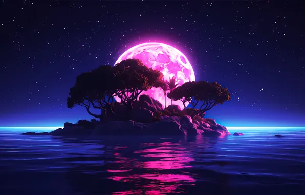 Moon, trees, sea, night, island, ai art