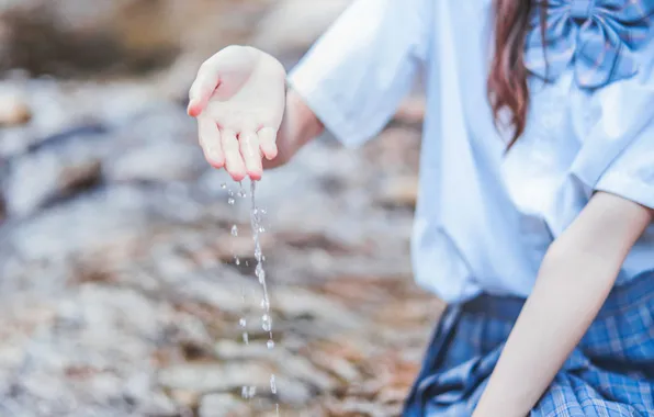 Asian, Model, Water, Woman, River, Sitting, Outdoor, Uniform