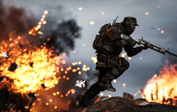 Огонь, бег, солдат, винтовка, экипировка, Battlefield 4