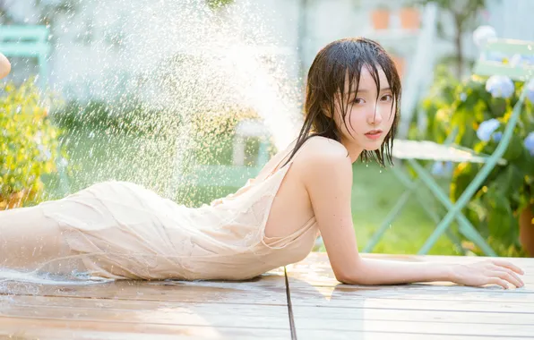 Beautiful, Asian, Model, Water, Woman, Wet, Cute, Lying Down