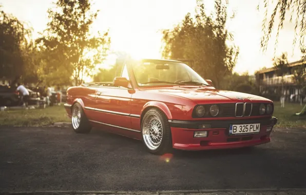 Картинка BMW, Red, Car, Sun, E30, Cabriolet, Stance, LowSociety