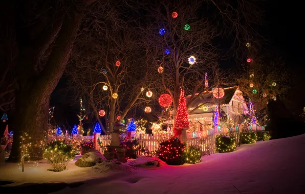 Зима, снег, ночь, Рождество, гирлянда, Christmas, winter, snow