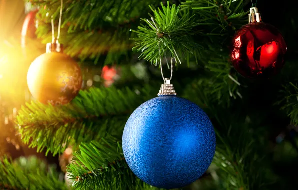 Картинка ветки, синий, красный, елка, шар, Новый Год, Рождество, золотой