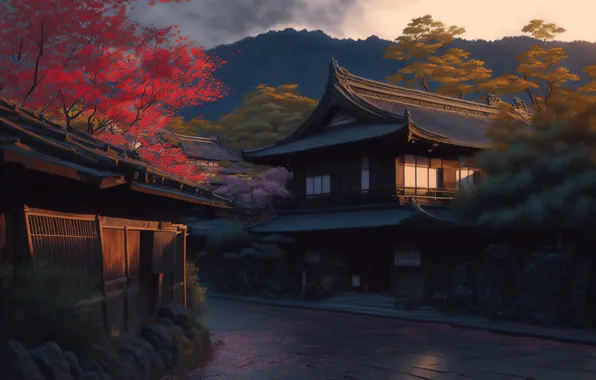 Картинка Japan, house, village, architecture, illustration, AI art