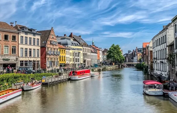 Река, здания, дома, лодки, Бельгия, набережная, Belgium, Гент