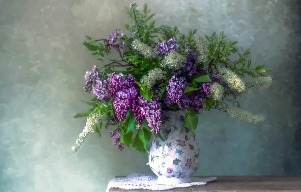 Листья, свет, цветы, ветки, стол, стена, букет, размытие
