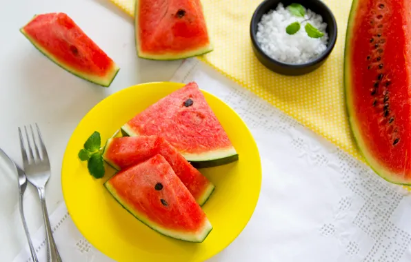 Картинка арбуз, листики мяты, mint leaves, watermelon slices of watermelon, дольки арбуза