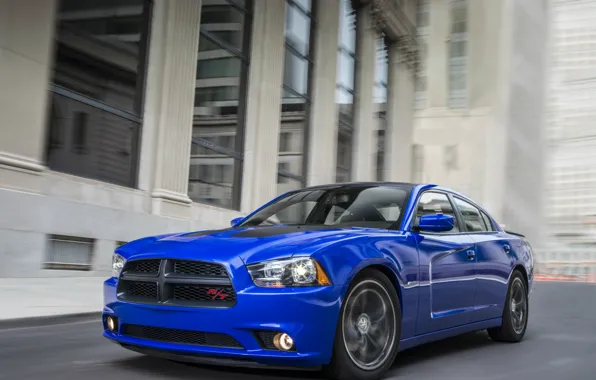 Синий, движение, скорость, Dodge, седан, додж, Charger, Sedan