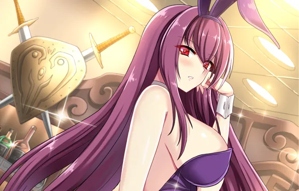 Girl, cleavage, long hair, boobs, anime, beautiful, red eyes, pretty