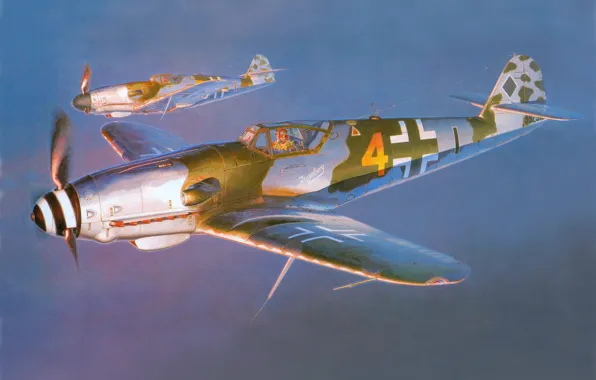 Картинка небо, война, истребитель, Арт, Messerschmitt, немецкий, поршневой, одномоторный