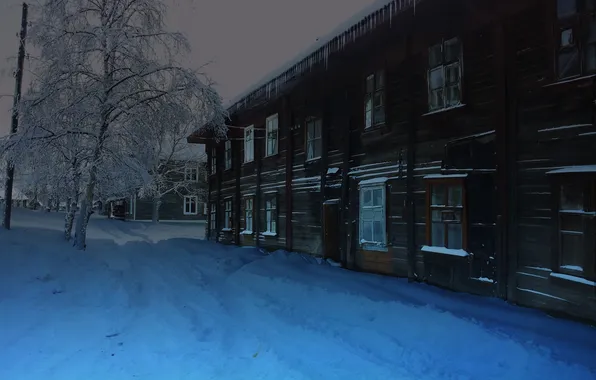 Картинка зима, снег, дом, дерево, вечер